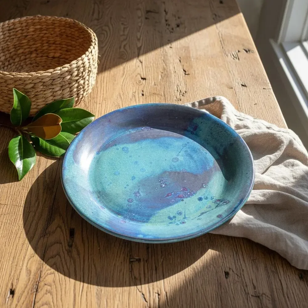 Studio Art Pottery Platter-Signed Blue Purple Green-Iridescent Ceramic-Coastal